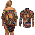 Australian Aboriginal Art Kangaroo Couples Matching Off Shoulder Short Dress and Long Sleeve Button Shirt Our Children Our Future Aboriginal Dot Painting