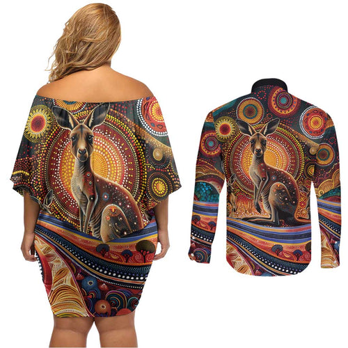 Australian Aboriginal Art Kangaroo Couples Matching Off Shoulder Short Dress and Long Sleeve Button Shirt Our Children Our Future Aboriginal Dot Painting