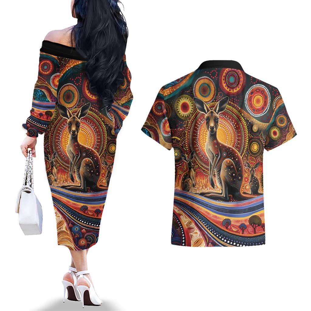 Australian Aboriginal Art Kangaroo Couples Matching Off The Shoulder Long Sleeve Dress and Hawaiian Shirt Our Children Our Future Aboriginal Dot Painting