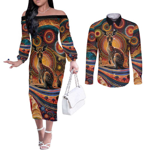 Australian Aboriginal Art Kangaroo Couples Matching Off The Shoulder Long Sleeve Dress and Long Sleeve Button Shirt Our Children Our Future Aboriginal Dot Painting