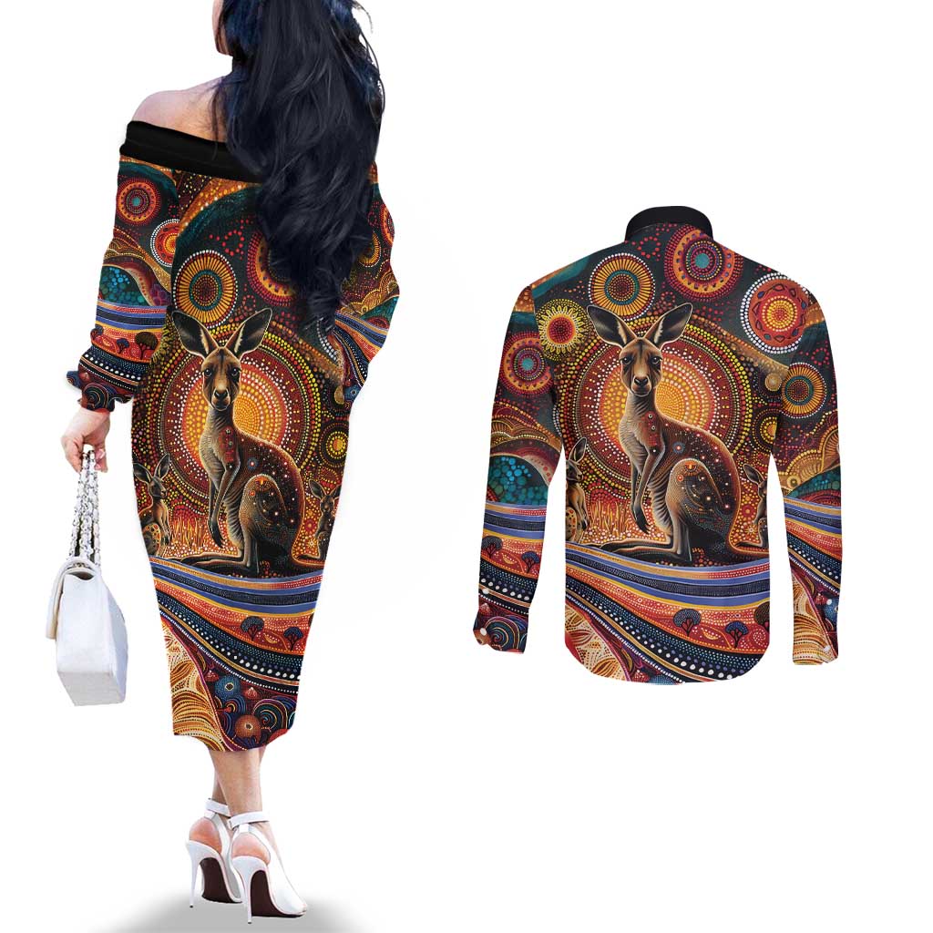 Australian Aboriginal Art Kangaroo Couples Matching Off The Shoulder Long Sleeve Dress and Long Sleeve Button Shirt Our Children Our Future Aboriginal Dot Painting