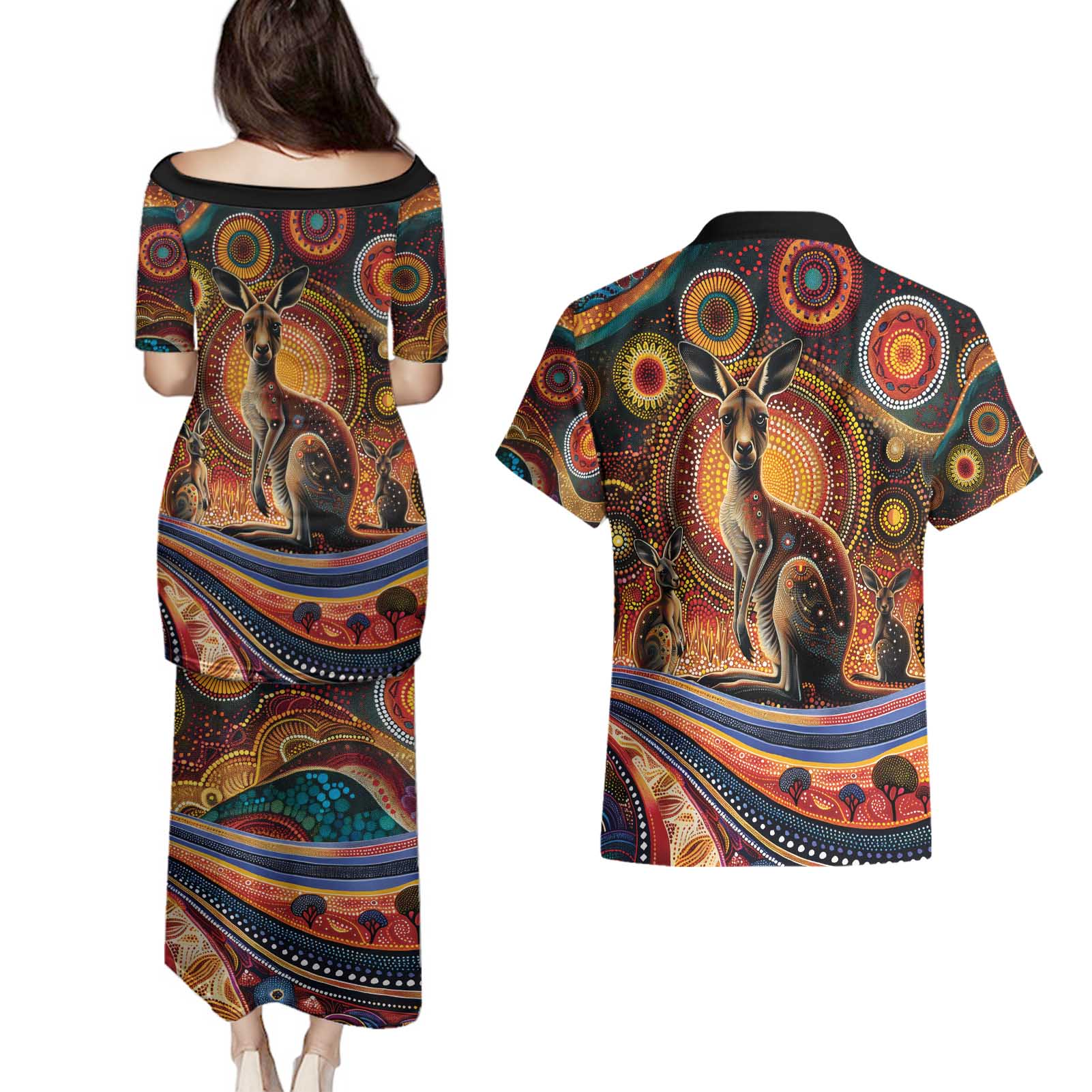 Australian Aboriginal Art Kangaroo Couples Matching Puletasi and Hawaiian Shirt Our Children Our Future Aboriginal Dot Painting