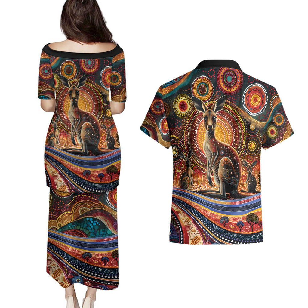 Australian Aboriginal Art Kangaroo Couples Matching Puletasi and Hawaiian Shirt Our Children Our Future Aboriginal Dot Painting