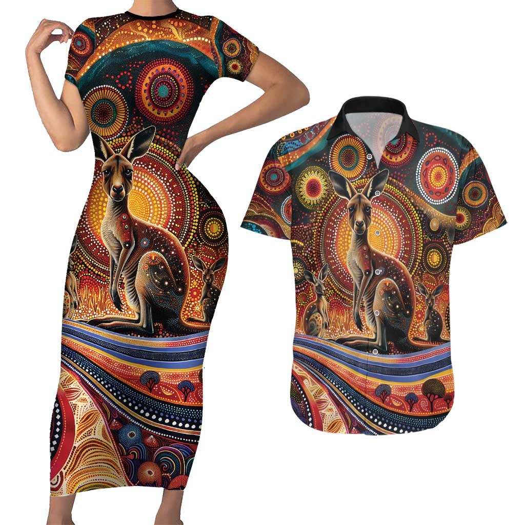 Australian Aboriginal Art Kangaroo Couples Matching Short Sleeve Bodycon Dress and Hawaiian Shirt Our Children Our Future Aboriginal Dot Painting