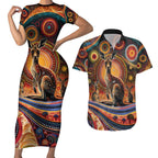 Australian Aboriginal Art Kangaroo Couples Matching Short Sleeve Bodycon Dress and Hawaiian Shirt Our Children Our Future Aboriginal Dot Painting