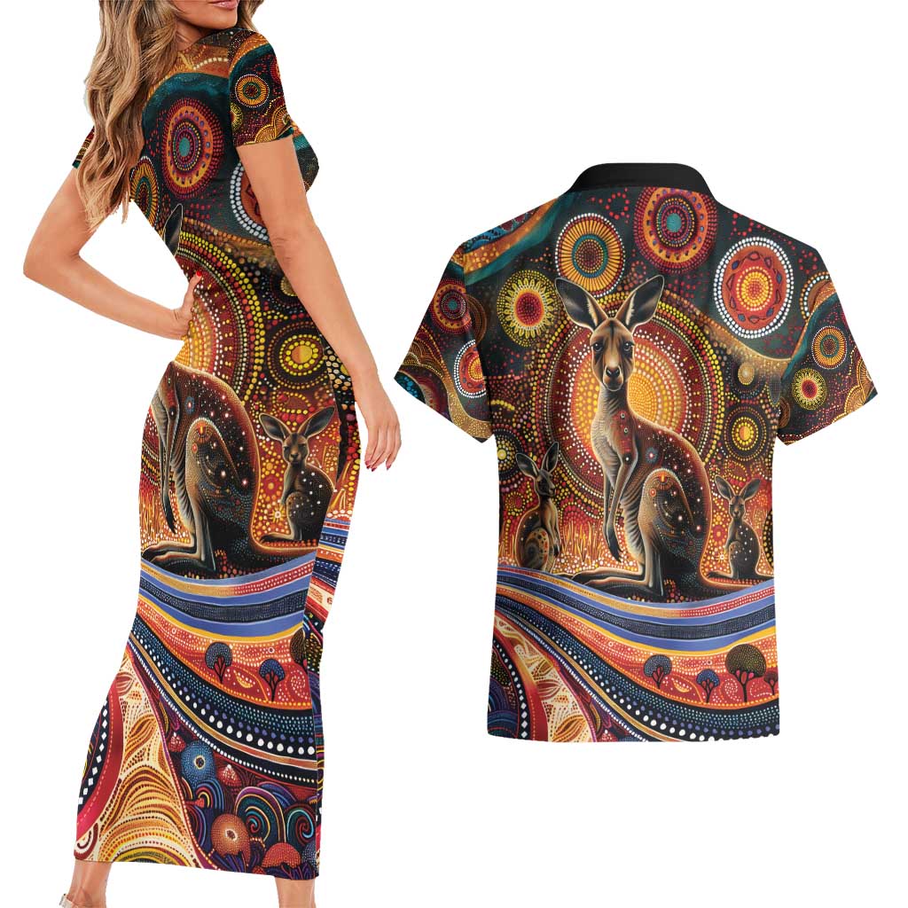 Australian Aboriginal Art Kangaroo Couples Matching Short Sleeve Bodycon Dress and Hawaiian Shirt Our Children Our Future Aboriginal Dot Painting