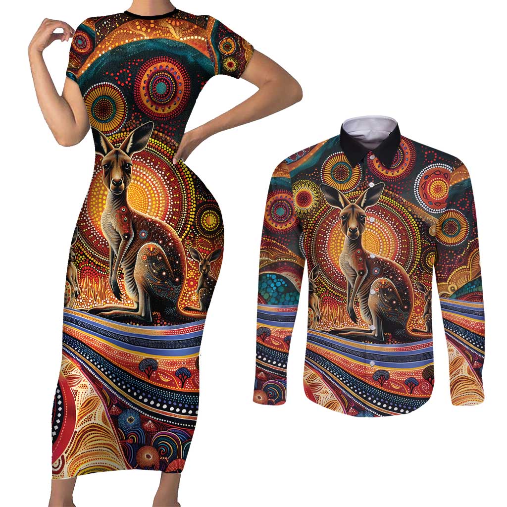 Australian Aboriginal Art Kangaroo Couples Matching Short Sleeve Bodycon Dress and Long Sleeve Button Shirt Our Children Our Future Aboriginal Dot Painting