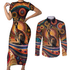 Australian Aboriginal Art Kangaroo Couples Matching Short Sleeve Bodycon Dress and Long Sleeve Button Shirt Our Children Our Future Aboriginal Dot Painting