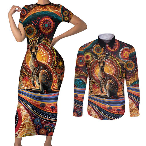 Australian Aboriginal Art Kangaroo Couples Matching Short Sleeve Bodycon Dress and Long Sleeve Button Shirt Our Children Our Future Aboriginal Dot Painting