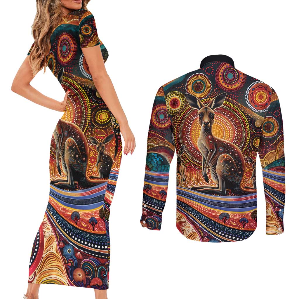 Australian Aboriginal Art Kangaroo Couples Matching Short Sleeve Bodycon Dress and Long Sleeve Button Shirt Our Children Our Future Aboriginal Dot Painting