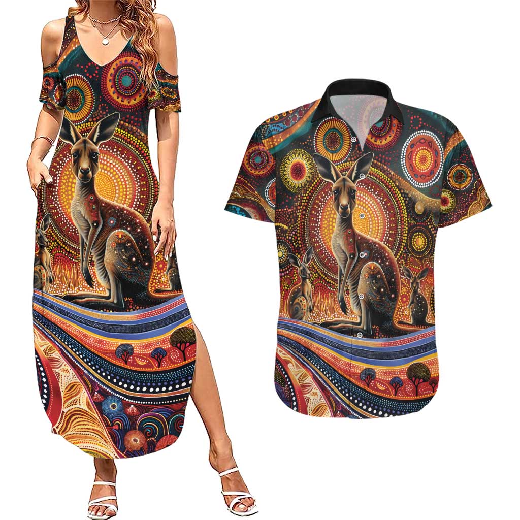 Australian Aboriginal Art Kangaroo Couples Matching Summer Maxi Dress and Hawaiian Shirt Our Children Our Future Aboriginal Dot Painting