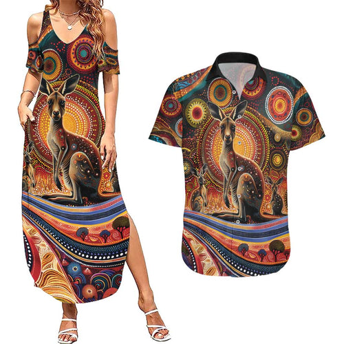 Australian Aboriginal Art Kangaroo Couples Matching Summer Maxi Dress and Hawaiian Shirt Our Children Our Future Aboriginal Dot Painting