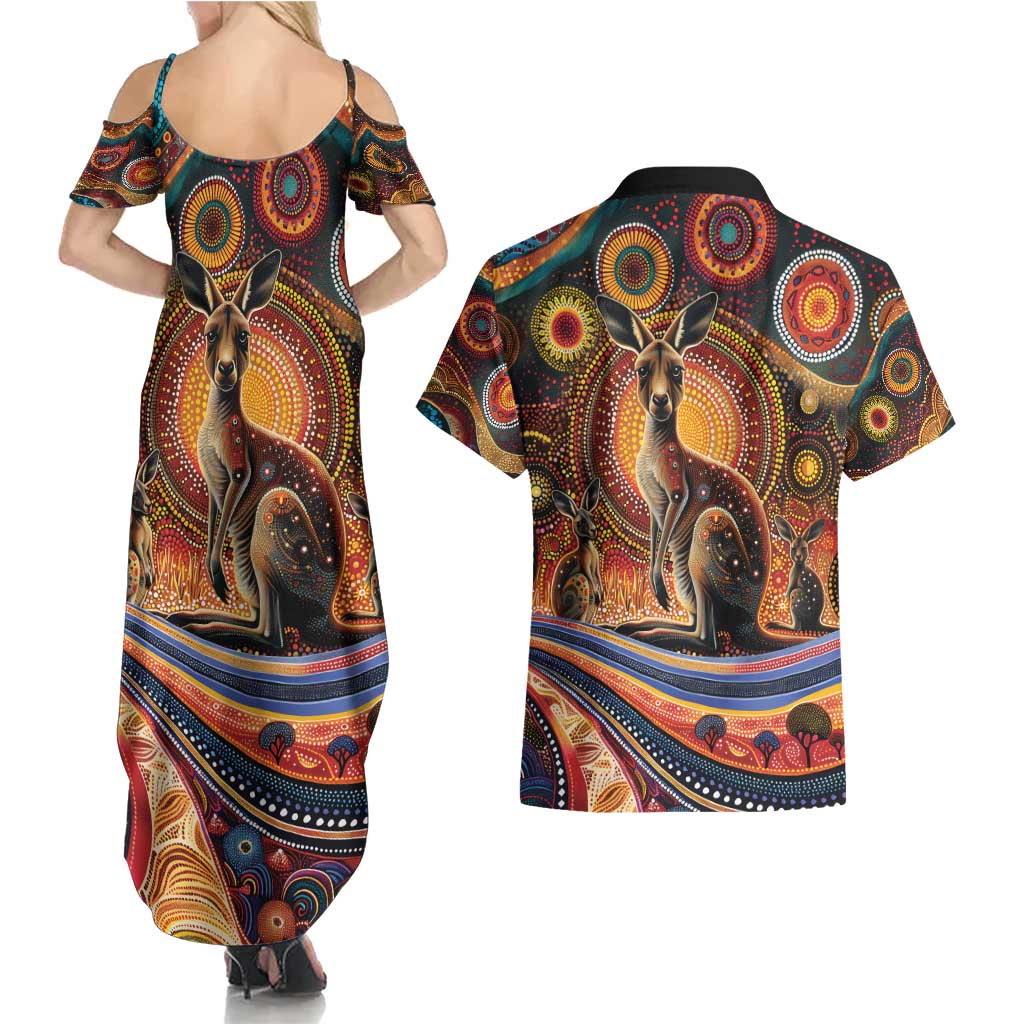 Australian Aboriginal Art Kangaroo Couples Matching Summer Maxi Dress and Hawaiian Shirt Our Children Our Future Aboriginal Dot Painting