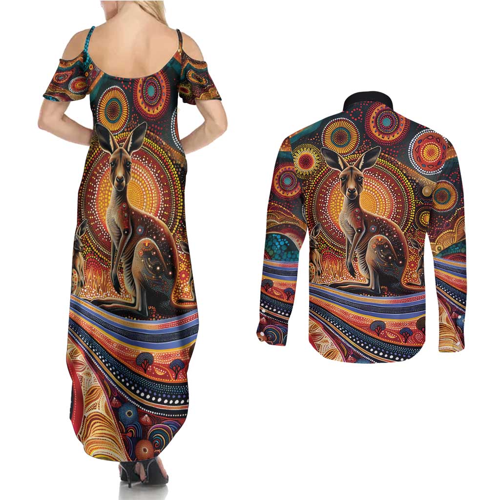 Australian Aboriginal Art Kangaroo Couples Matching Summer Maxi Dress and Long Sleeve Button Shirt Our Children Our Future Aboriginal Dot Painting