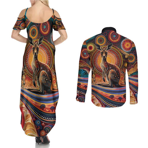 Australian Aboriginal Art Kangaroo Couples Matching Summer Maxi Dress and Long Sleeve Button Shirt Our Children Our Future Aboriginal Dot Painting