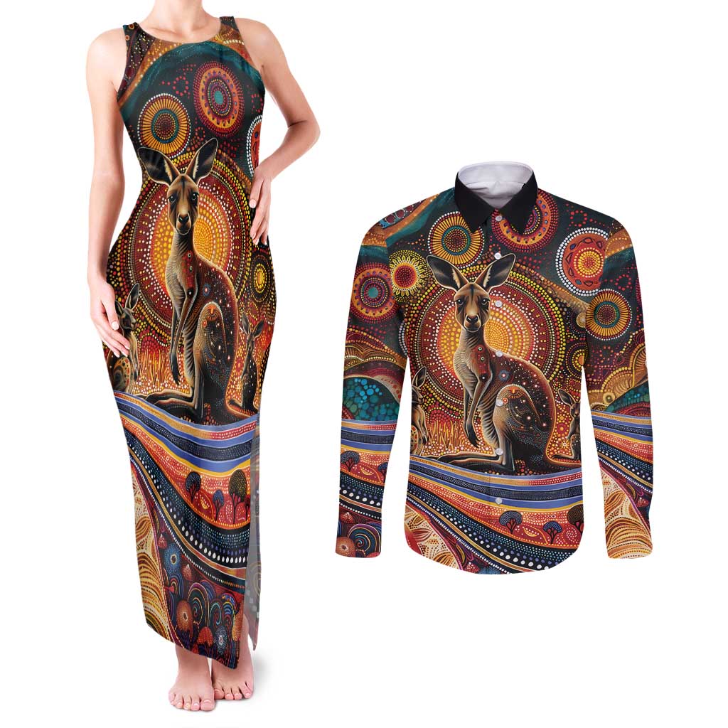 Australian Aboriginal Art Kangaroo Couples Matching Tank Maxi Dress and Long Sleeve Button Shirt Our Children Our Future Aboriginal Dot Painting