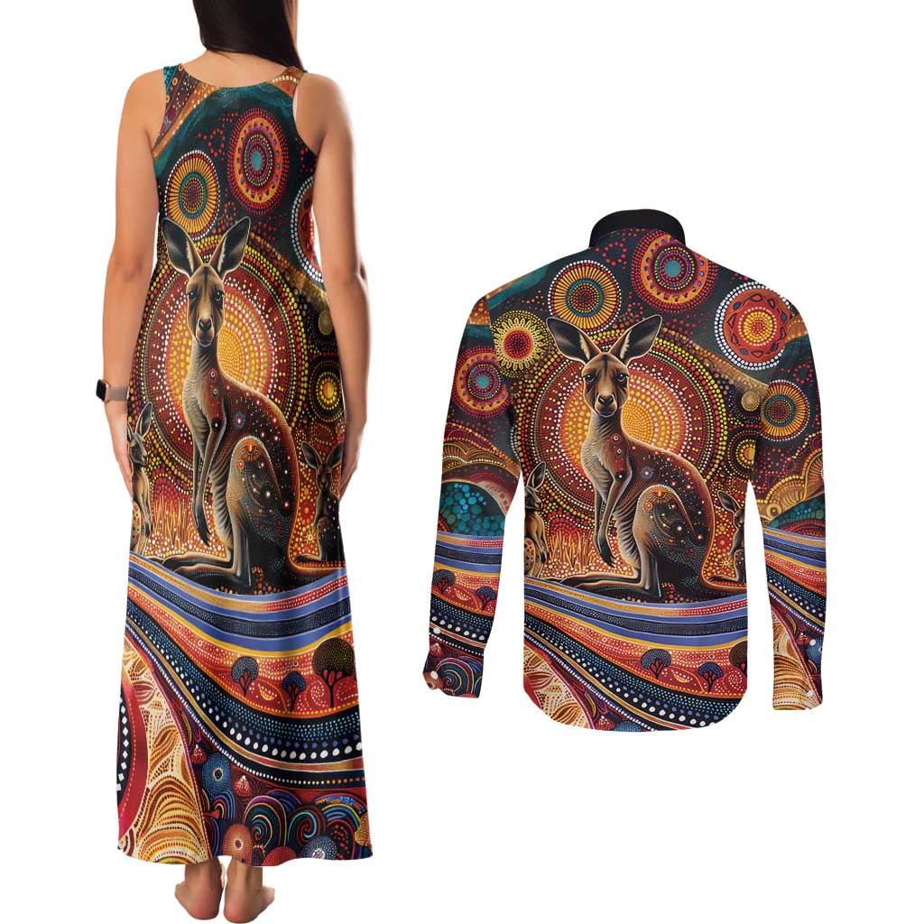 Australian Aboriginal Art Kangaroo Couples Matching Tank Maxi Dress and Long Sleeve Button Shirt Our Children Our Future Aboriginal Dot Painting