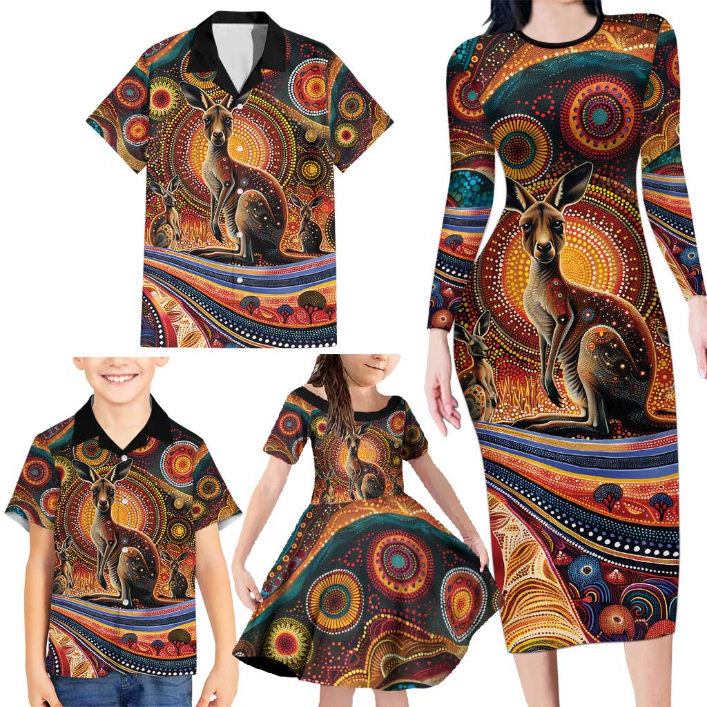 Australian Aboriginal Art Kangaroo Family Matching Long Sleeve Bodycon Dress and Hawaiian Shirt Our Children Our Future Aboriginal Dot Painting