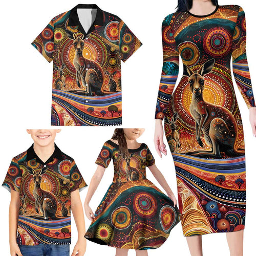 Australian Aboriginal Art Kangaroo Family Matching Long Sleeve Bodycon Dress and Hawaiian Shirt Our Children Our Future Aboriginal Dot Painting