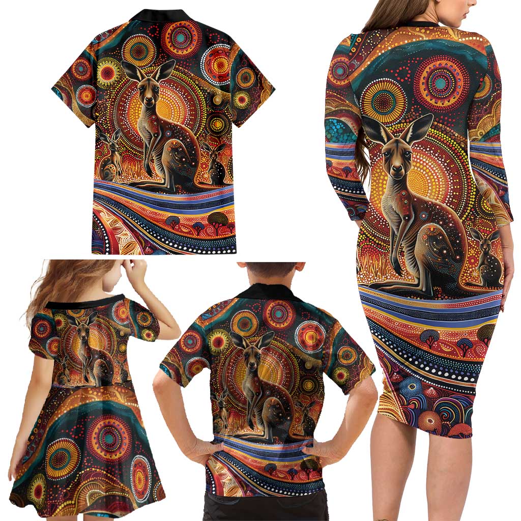 Australian Aboriginal Art Kangaroo Family Matching Long Sleeve Bodycon Dress and Hawaiian Shirt Our Children Our Future Aboriginal Dot Painting
