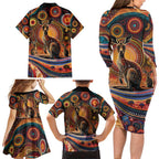 Australian Aboriginal Art Kangaroo Family Matching Long Sleeve Bodycon Dress and Hawaiian Shirt Our Children Our Future Aboriginal Dot Painting