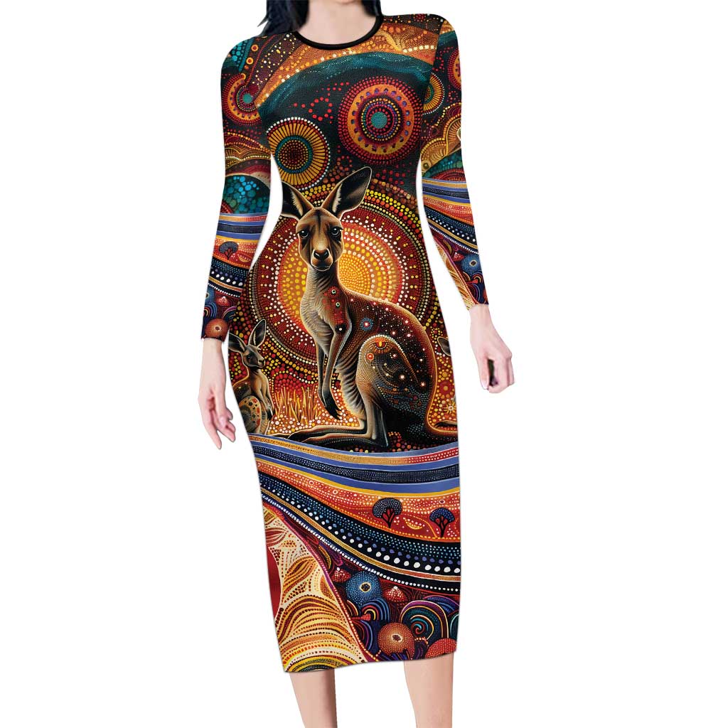 Australian Aboriginal Art Kangaroo Family Matching Long Sleeve Bodycon Dress and Hawaiian Shirt Our Children Our Future Aboriginal Dot Painting