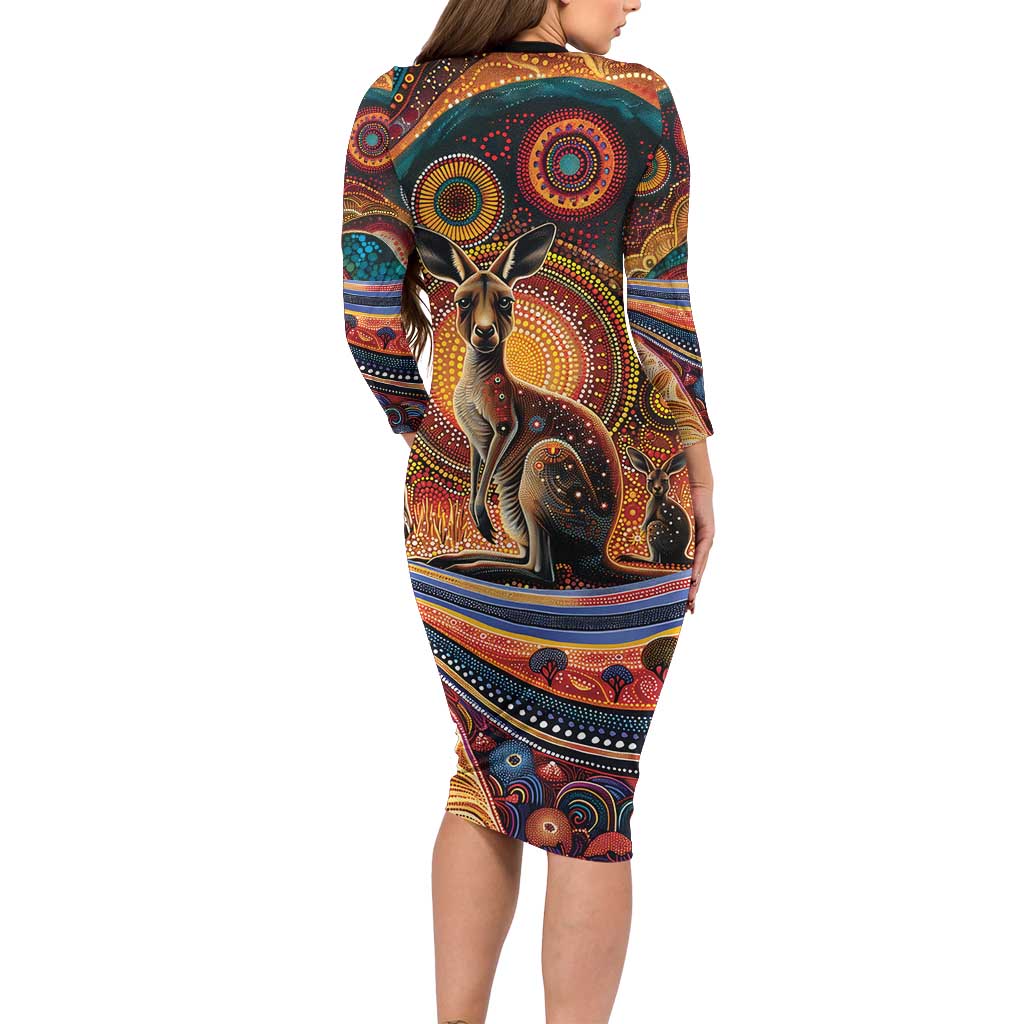 Australian Aboriginal Art Kangaroo Family Matching Long Sleeve Bodycon Dress and Hawaiian Shirt Our Children Our Future Aboriginal Dot Painting
