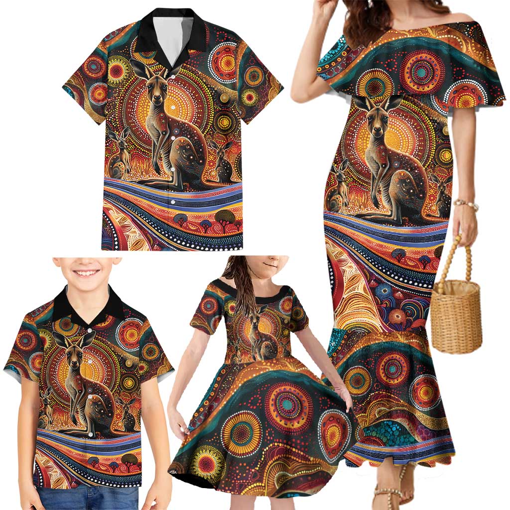 Australian Aboriginal Art Kangaroo Family Matching Mermaid Dress and Hawaiian Shirt Our Children Our Future Aboriginal Dot Painting
