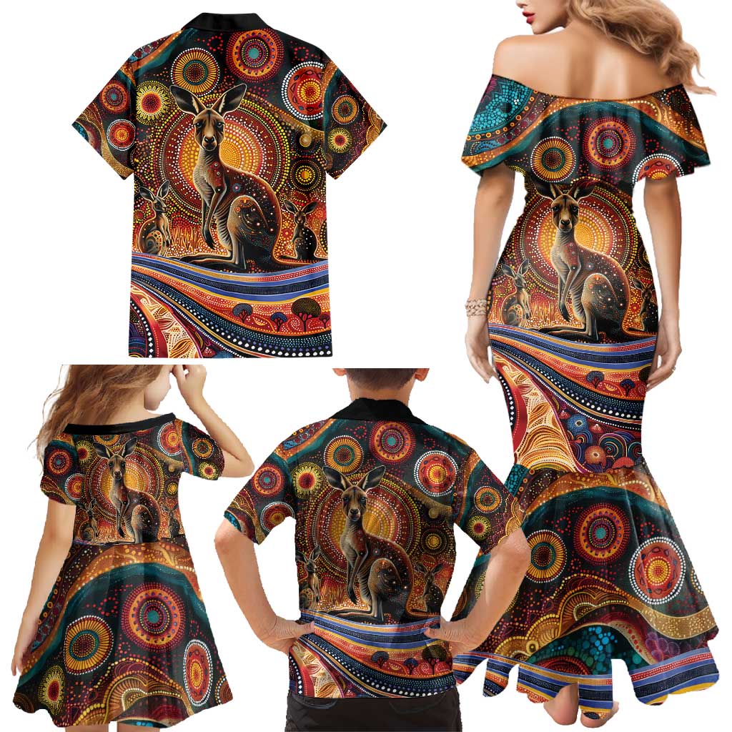 Australian Aboriginal Art Kangaroo Family Matching Mermaid Dress and Hawaiian Shirt Our Children Our Future Aboriginal Dot Painting