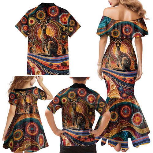 Australian Aboriginal Art Kangaroo Family Matching Mermaid Dress and Hawaiian Shirt Our Children Our Future Aboriginal Dot Painting