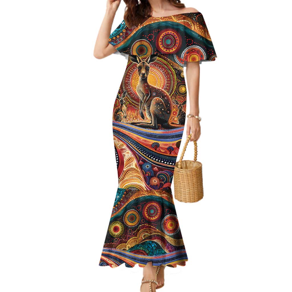 Australian Aboriginal Art Kangaroo Family Matching Mermaid Dress and Hawaiian Shirt Our Children Our Future Aboriginal Dot Painting