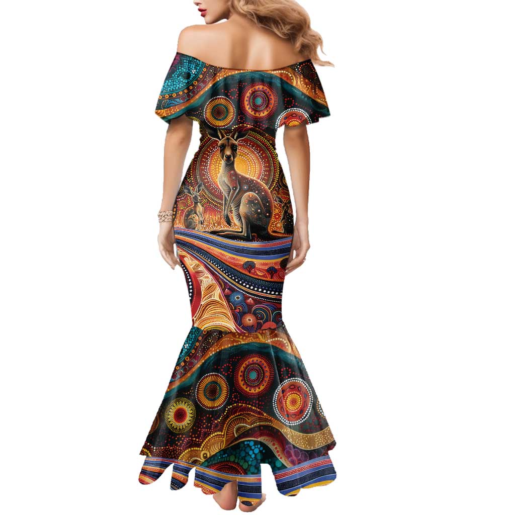 Australian Aboriginal Art Kangaroo Family Matching Mermaid Dress and Hawaiian Shirt Our Children Our Future Aboriginal Dot Painting