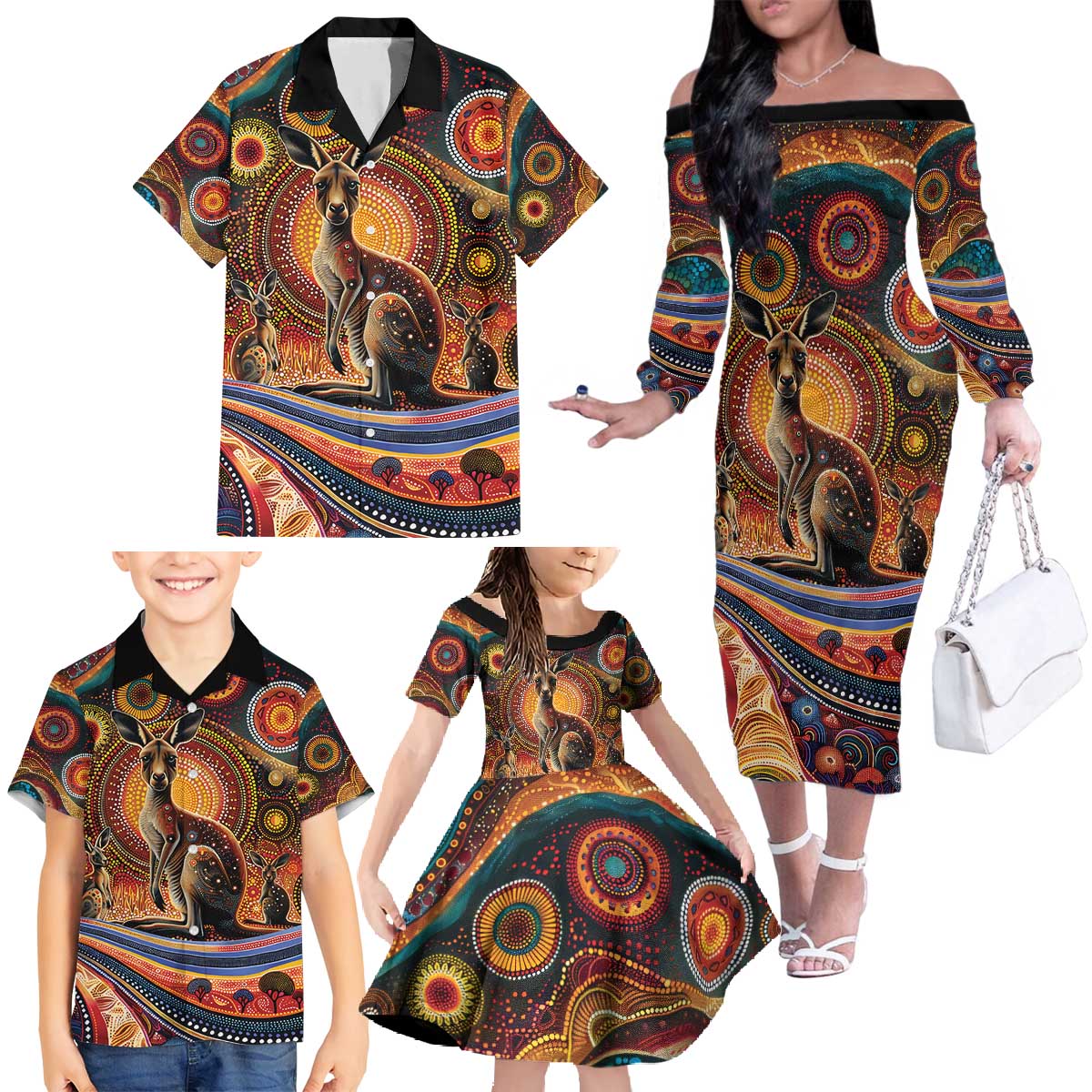 Australian Aboriginal Art Kangaroo Family Matching Off The Shoulder Long Sleeve Dress and Hawaiian Shirt Our Children Our Future Aboriginal Dot Painting