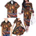 Australian Aboriginal Art Kangaroo Family Matching Off The Shoulder Long Sleeve Dress and Hawaiian Shirt Our Children Our Future Aboriginal Dot Painting