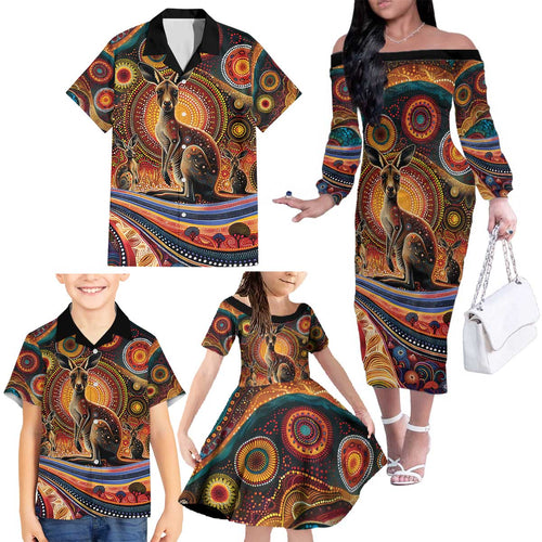 Australian Aboriginal Art Kangaroo Family Matching Off The Shoulder Long Sleeve Dress and Hawaiian Shirt Our Children Our Future Aboriginal Dot Painting