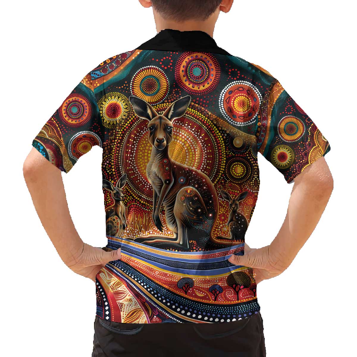 Australian Aboriginal Art Kangaroo Family Matching Off The Shoulder Long Sleeve Dress and Hawaiian Shirt Our Children Our Future Aboriginal Dot Painting