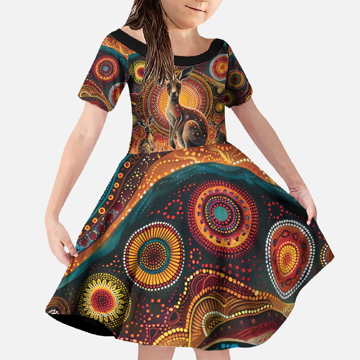 Australian Aboriginal Art Kangaroo Family Matching Off The Shoulder Long Sleeve Dress and Hawaiian Shirt Our Children Our Future Aboriginal Dot Painting