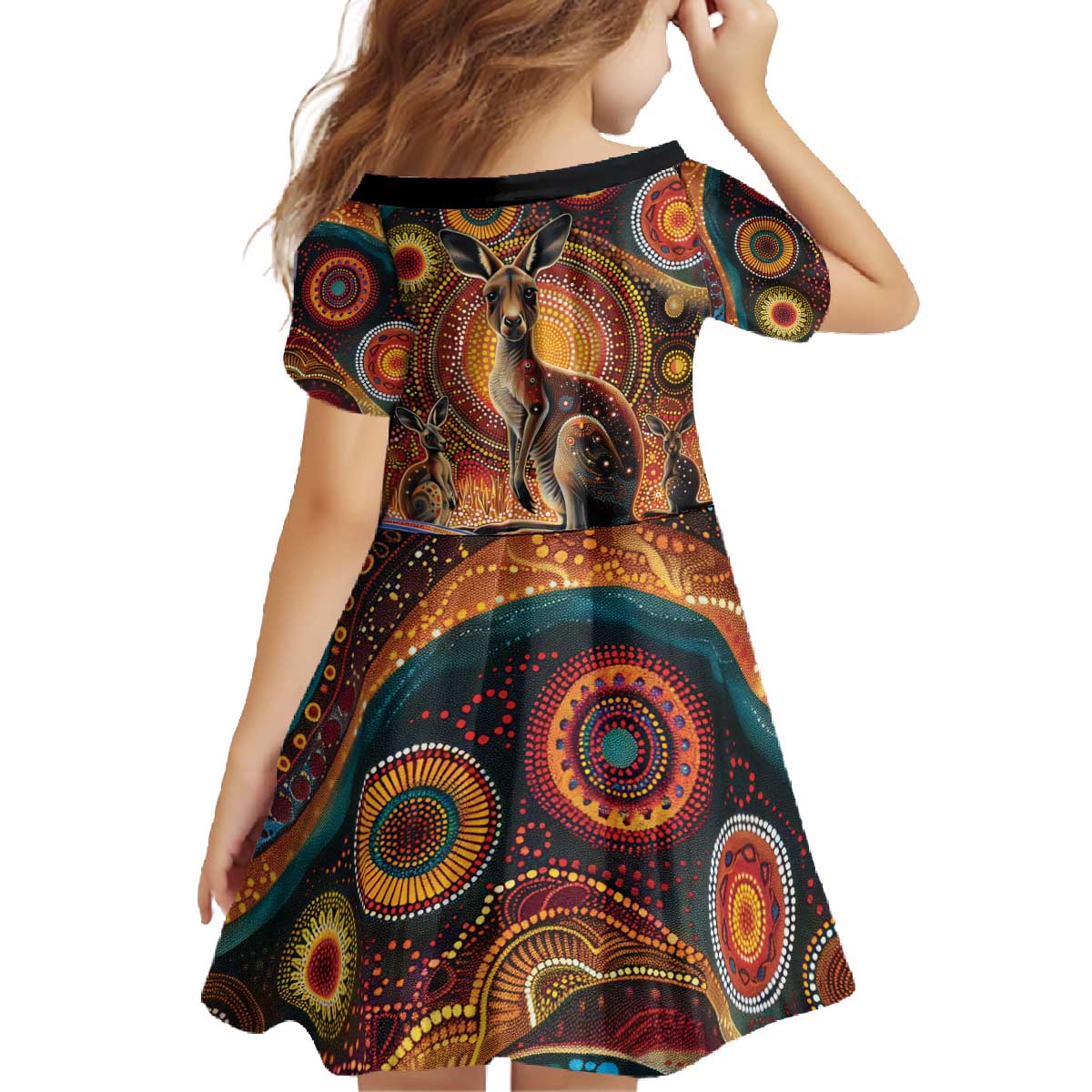Australian Aboriginal Art Kangaroo Family Matching Off The Shoulder Long Sleeve Dress and Hawaiian Shirt Our Children Our Future Aboriginal Dot Painting
