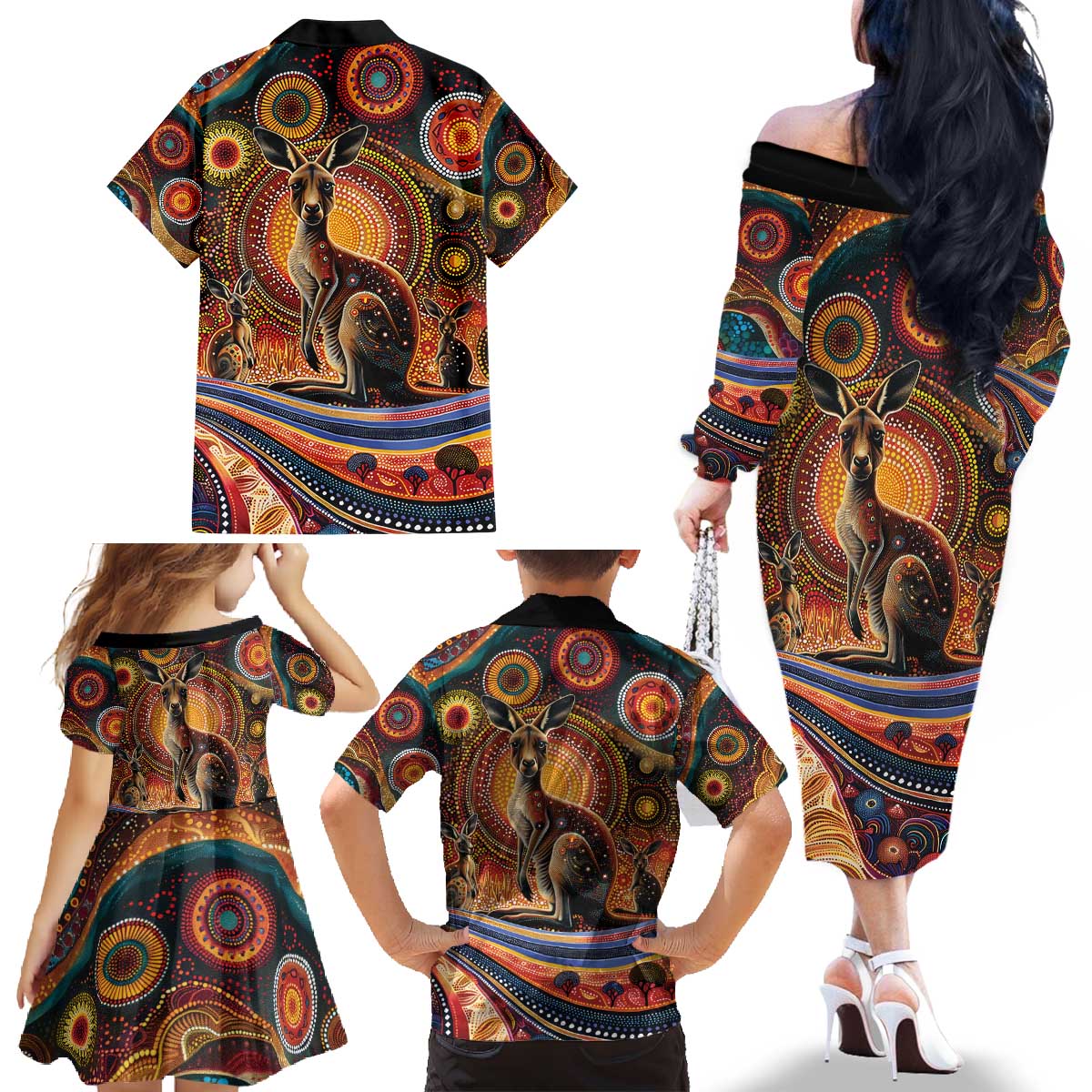 Australian Aboriginal Art Kangaroo Family Matching Off The Shoulder Long Sleeve Dress and Hawaiian Shirt Our Children Our Future Aboriginal Dot Painting