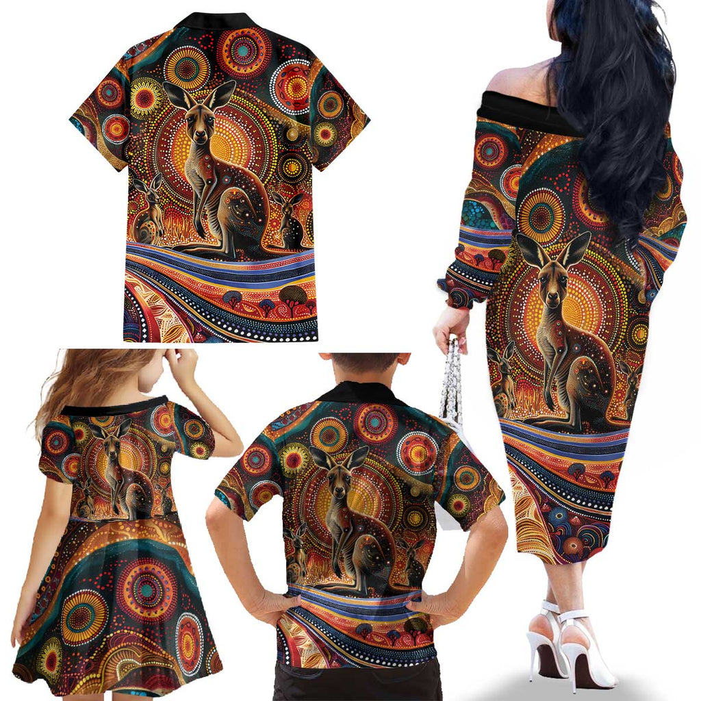 Australian Aboriginal Art Kangaroo Family Matching Off The Shoulder Long Sleeve Dress and Hawaiian Shirt Our Children Our Future Aboriginal Dot Painting