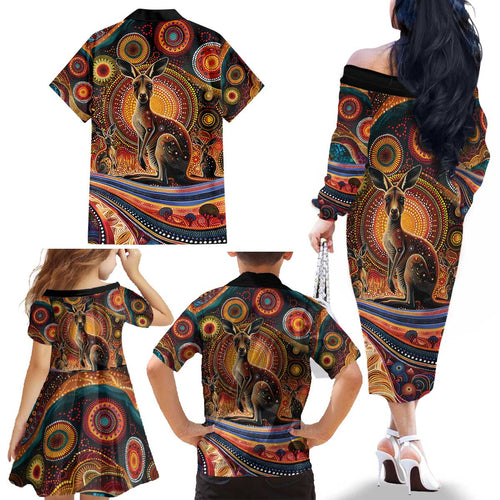 Australian Aboriginal Art Kangaroo Family Matching Off The Shoulder Long Sleeve Dress and Hawaiian Shirt Our Children Our Future Aboriginal Dot Painting