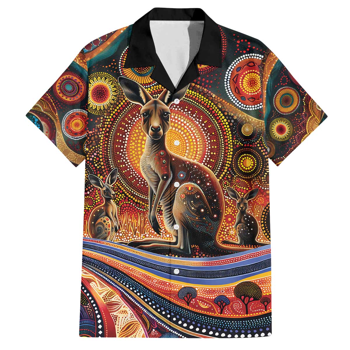 Australian Aboriginal Art Kangaroo Family Matching Off The Shoulder Long Sleeve Dress and Hawaiian Shirt Our Children Our Future Aboriginal Dot Painting