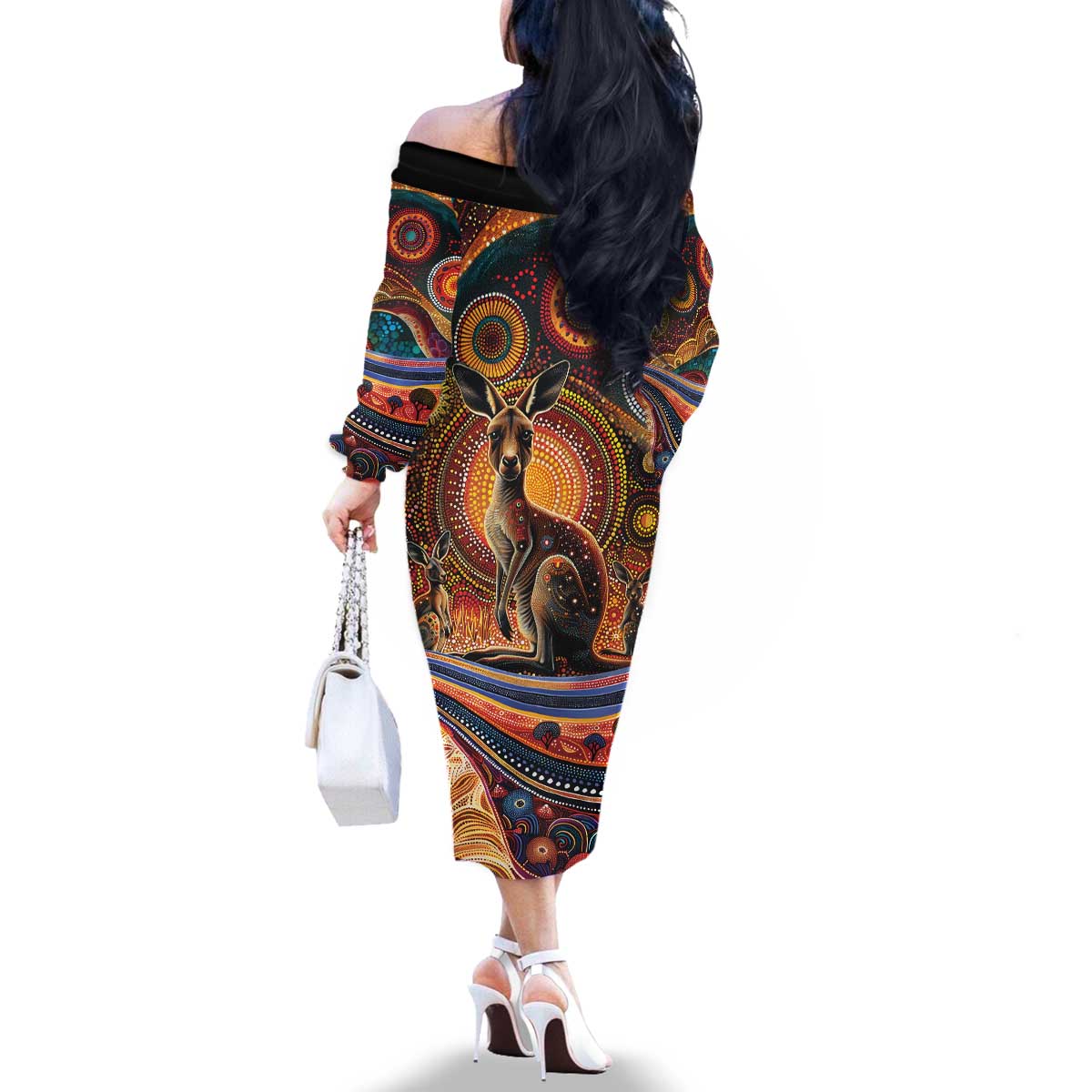 Australian Aboriginal Art Kangaroo Family Matching Off The Shoulder Long Sleeve Dress and Hawaiian Shirt Our Children Our Future Aboriginal Dot Painting