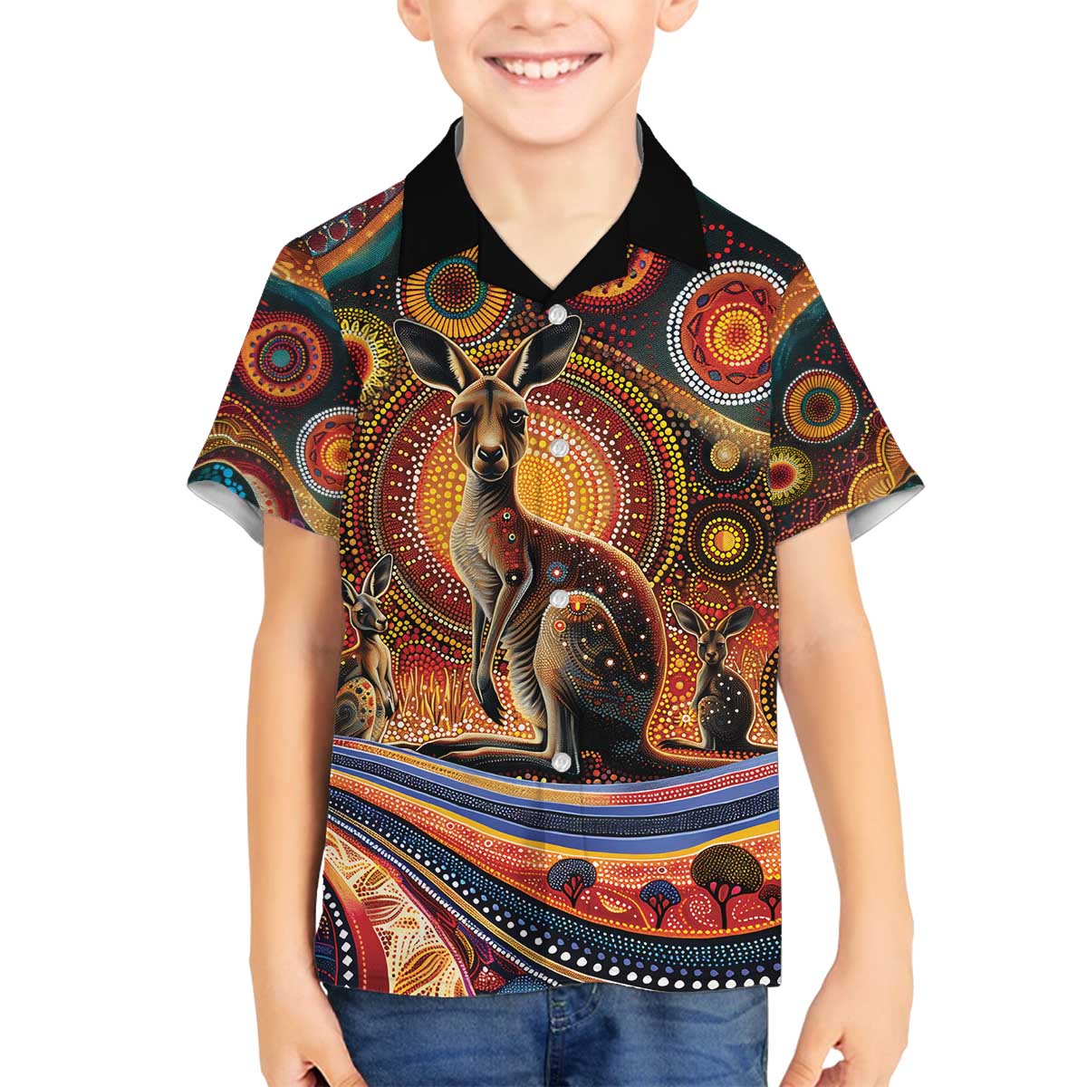 Australian Aboriginal Art Kangaroo Family Matching Off The Shoulder Long Sleeve Dress and Hawaiian Shirt Our Children Our Future Aboriginal Dot Painting
