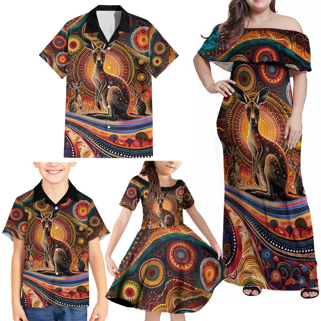 Australian Aboriginal Art Kangaroo Family Matching Off Shoulder Maxi Dress and Hawaiian Shirt Our Children Our Future Aboriginal Dot Painting