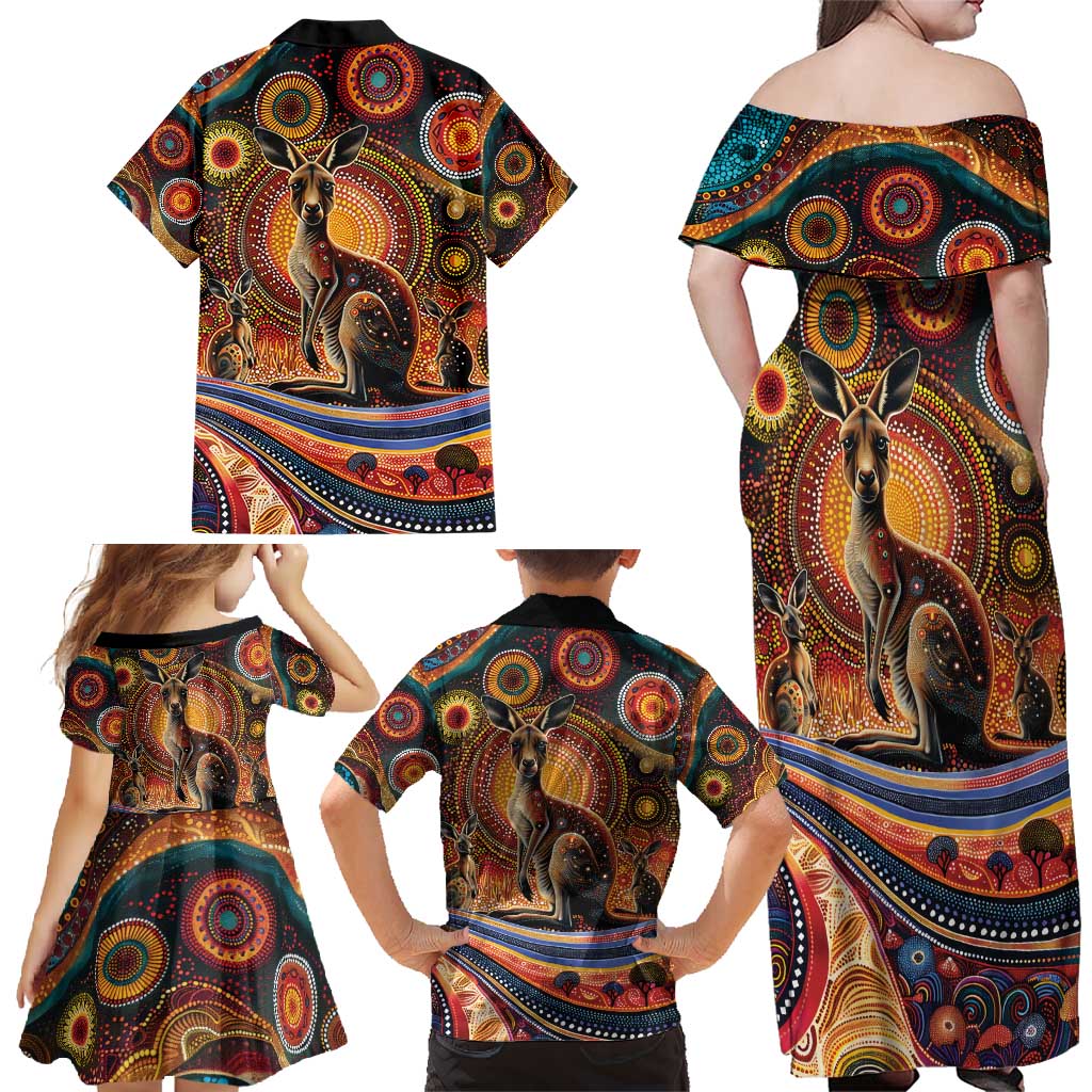 Australian Aboriginal Art Kangaroo Family Matching Off Shoulder Maxi Dress and Hawaiian Shirt Our Children Our Future Aboriginal Dot Painting