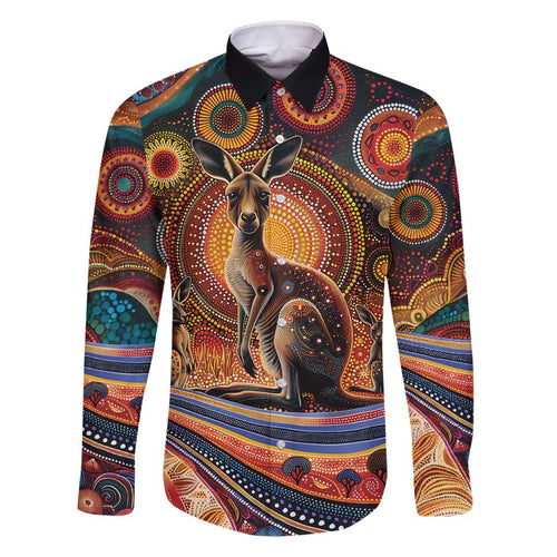 Australian Aboriginal Art Kangaroo Family Matching Off Shoulder Maxi Dress and Hawaiian Shirt Our Children Our Future Aboriginal Dot Painting