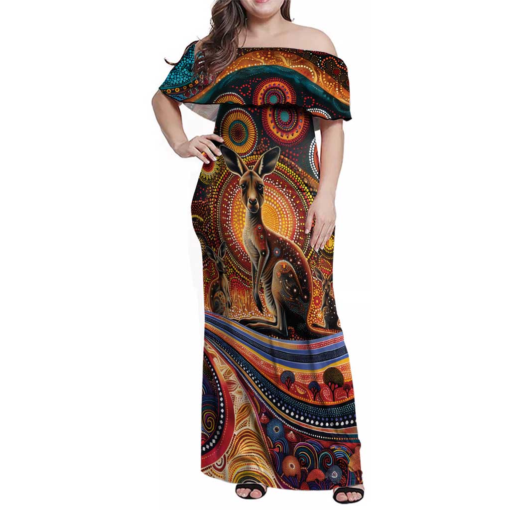 Australian Aboriginal Art Kangaroo Family Matching Off Shoulder Maxi Dress and Hawaiian Shirt Our Children Our Future Aboriginal Dot Painting
