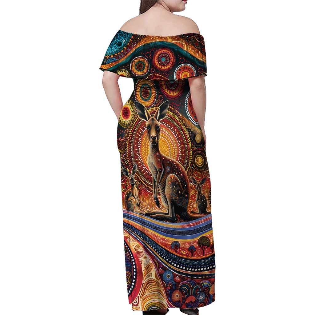 Australian Aboriginal Art Kangaroo Family Matching Off Shoulder Maxi Dress and Hawaiian Shirt Our Children Our Future Aboriginal Dot Painting