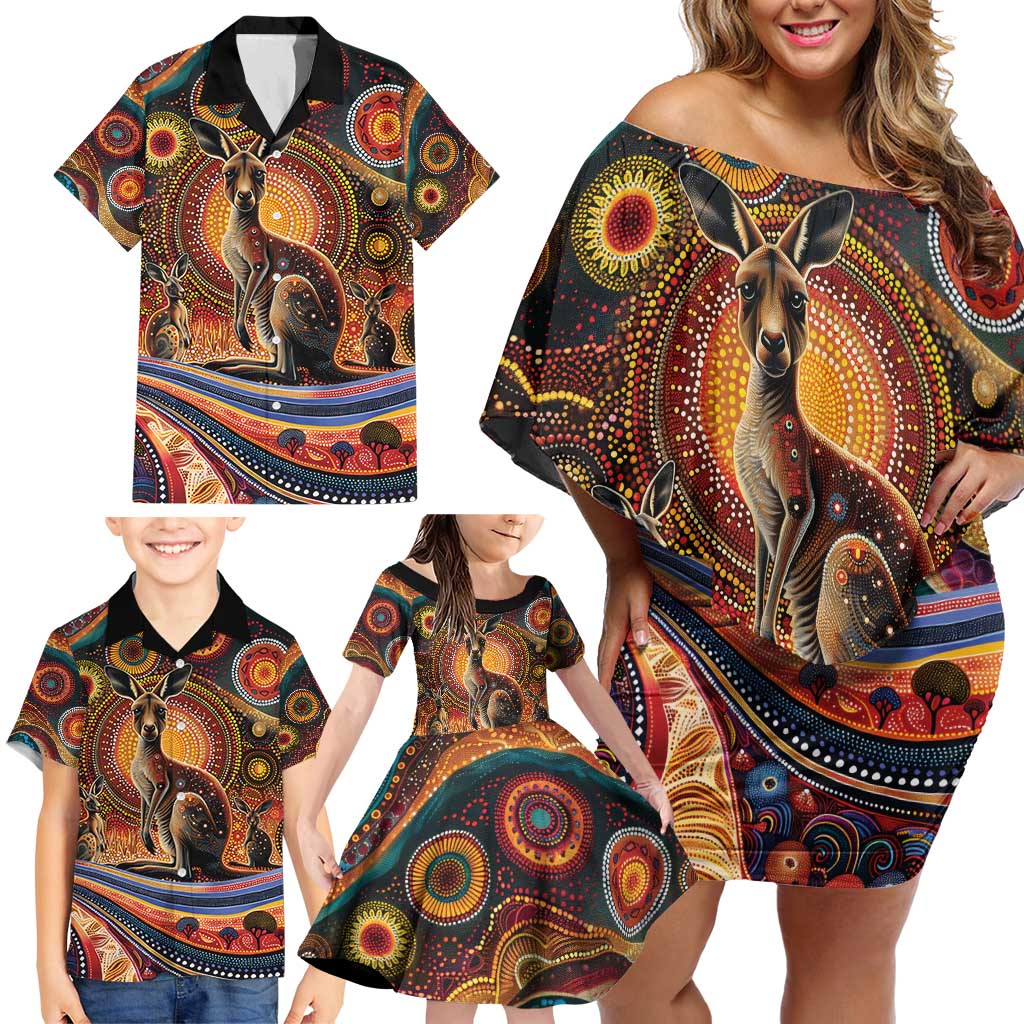 Australian Aboriginal Art Kangaroo Family Matching Off Shoulder Short Dress and Hawaiian Shirt Our Children Our Future Aboriginal Dot Painting